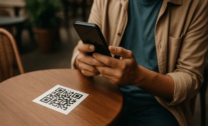 Un cliente escanea con su celular el código QR de la mesa